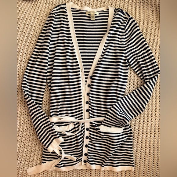 Banana Republic White and Blue Striped Cardigan Sweater - Picture 1 of 15
